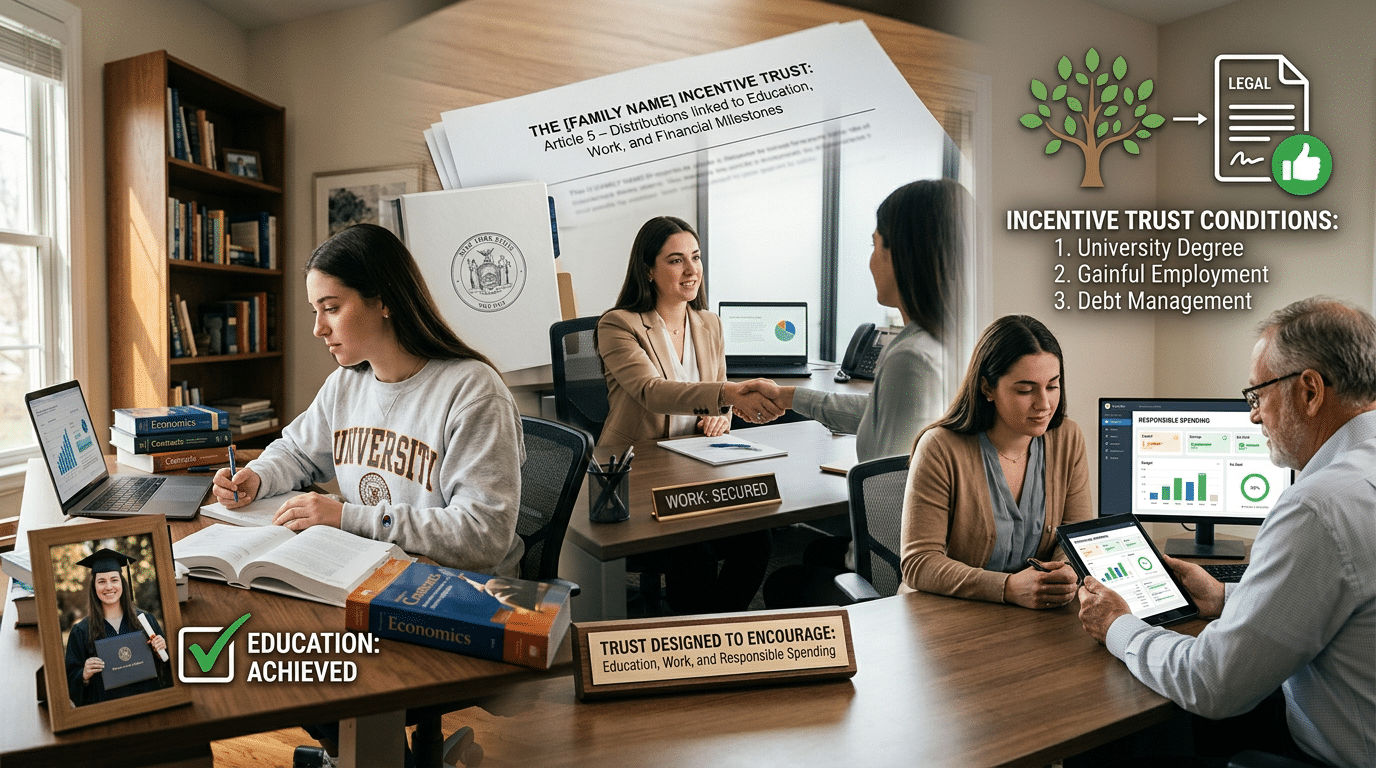 University students study at a cluttered desk with books and laptops while two people shake hands in the background, signaling trust and collaboration in an educational setting.