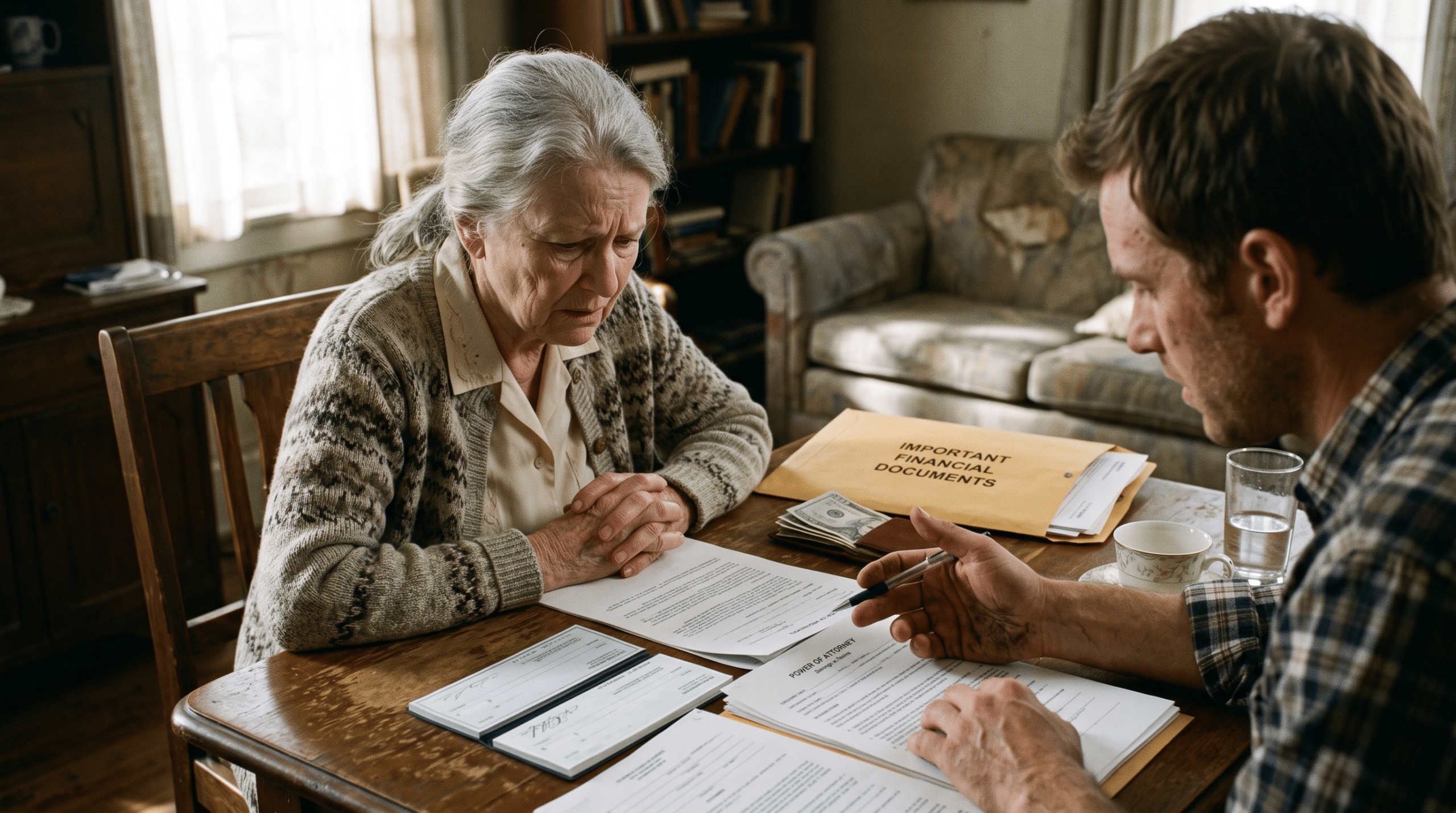 Elderly woman and man sit at a wooden table reviewing financial documents, including an envelope labeled 'Important Financial Documents'.