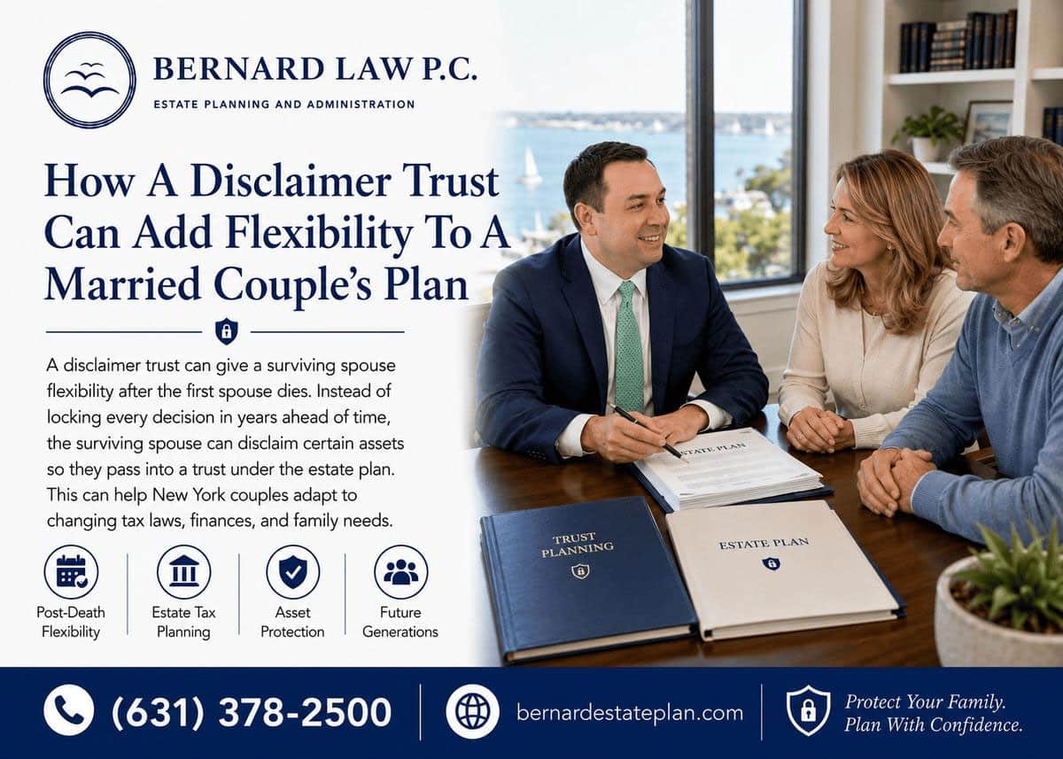 Estate planning scene: two professionals meet with clients at a table, reviewing a trust document beside branded books and a cityscape view behind them.